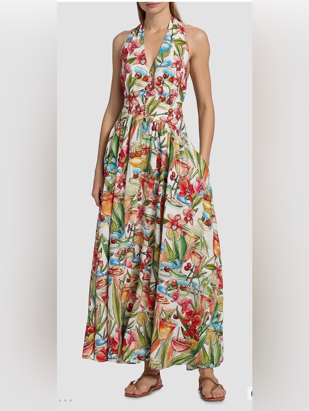 Farm Rio Cocktail-Print Halterneck Maxi Dress
